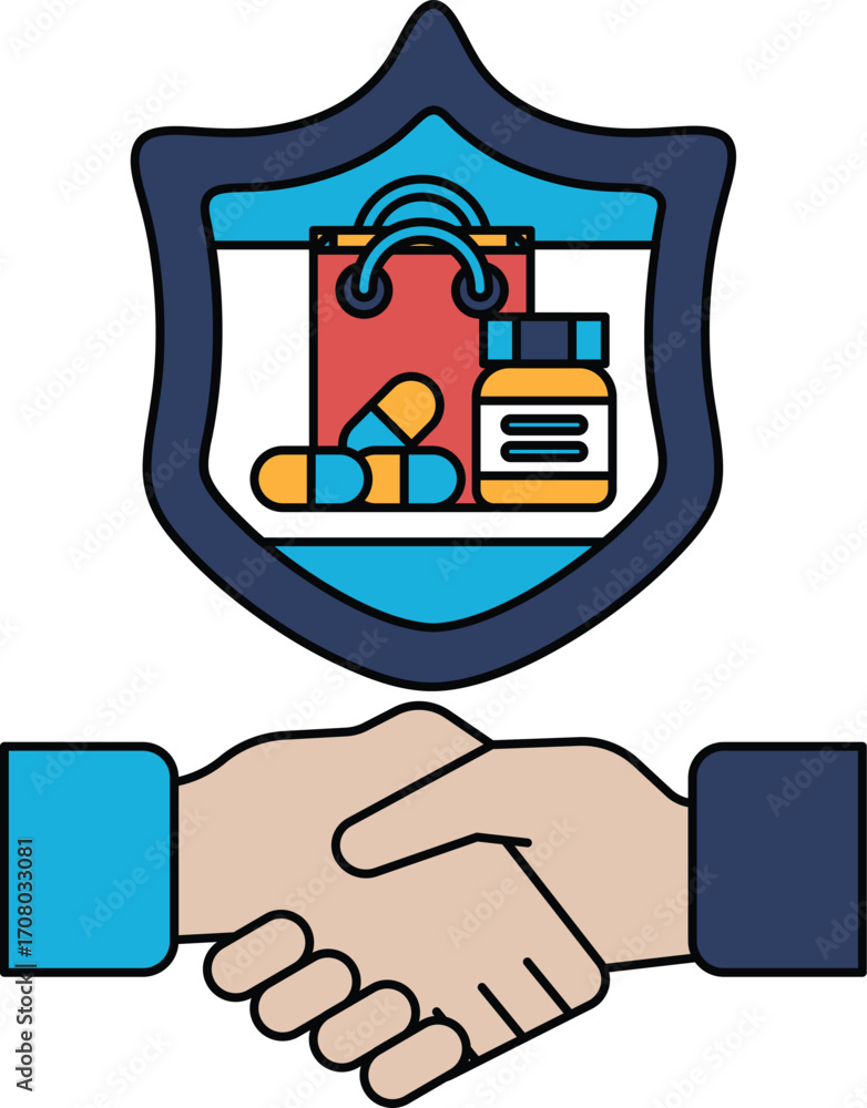Poster a black and white image of two hands shaking with a shield behind them