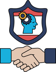 A man and a woman shaking hands with a shield behind them