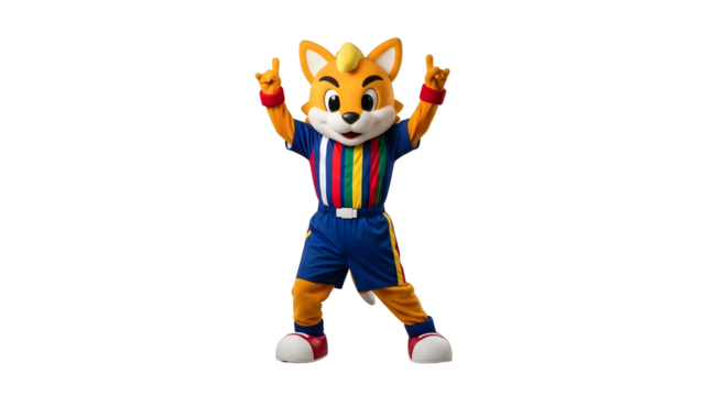 Cheerful Fox Mascot in Sporty Uniform, Posing with Raised Hands and Expressing Joy and Excitement