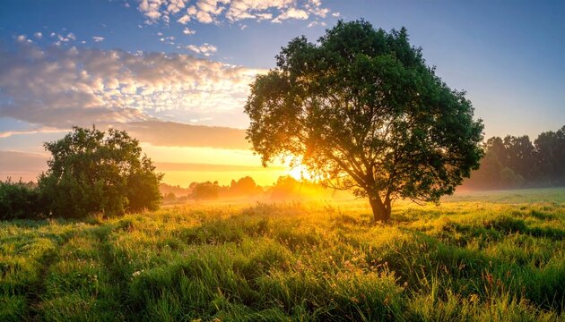 Solitary Tree in a Misty Summer Field at Golden Sunrise