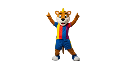 Cheerful Mascot Character in Colorful Sports Uniform, Cheering and Gesturing Upward Against Transparent