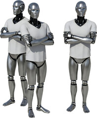 Three Silver Robots With Crossed Arms Wearing White T Shirts Isolated Transparent Background Android Humanoid Transparent Background