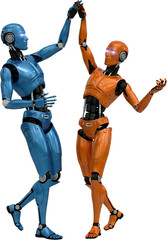 Two Humanoid Robots One Blue And One Orange Performing A High Five Gesture With Glowing Eyes Transparent Background Transparent Background