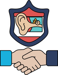 A handshake between two people with a shield behind them