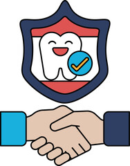 A smiling tooth is holding a shield that says 