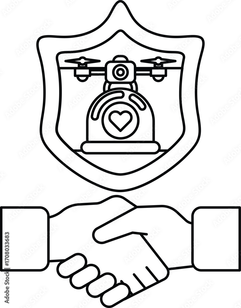 Poster a black and white image of two hands shaking with a shield behind them