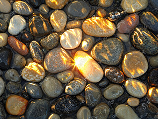 Sparkling River Stones with Sunlight Reflection on Water Surface