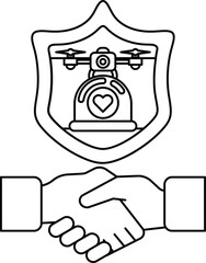 A black and white image of two hands shaking with a shield behind them