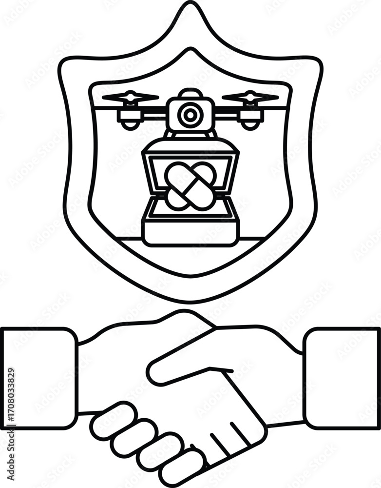 Poster a black and white image of two hands shaking with a shield behind them