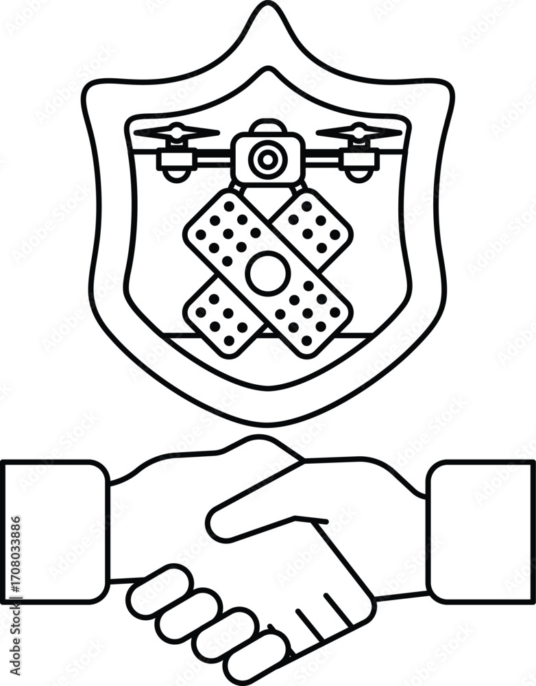 Poster a white and black image of two hands shaking with a shield in the background