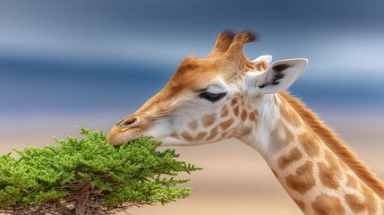 Obraz premium A close-up of a giraffe grazing on green foliage against a blurred background, capturing the animal's gentle nature and unique features, Ideal for educational, wildlife, and nature-themed projects,