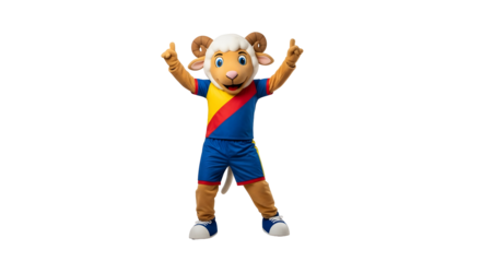 Cheerful Sheep Mascot in Sports Uniform Posing with Upraised Arms for Fun and Celebration