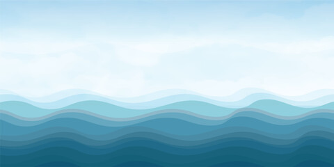 An abstract blue seascape with swirling waves and a hint of the sun on the horizon