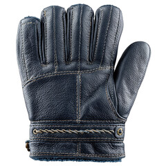 Dark blue leather work gloves, close-up back of hand. Stitched panels, decorative cord