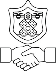 A white and black image of two hands shaking with a shield in the background