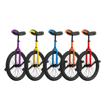 Row of five colorful unicycles side by side on a transparent background ready for use isolated on transparent background