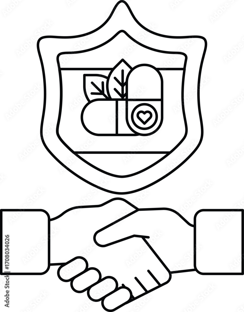 Poster a black and white image of two hands shaking with a shield behind them