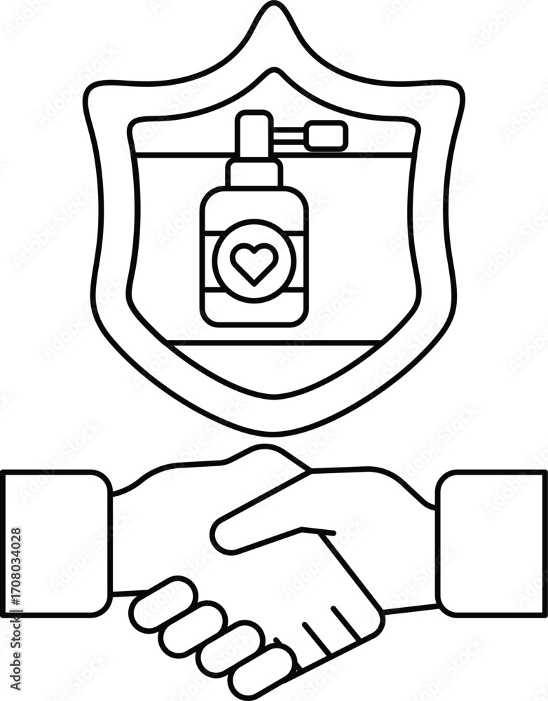 Poster a white and black image of two hands shaking with a shield behind them