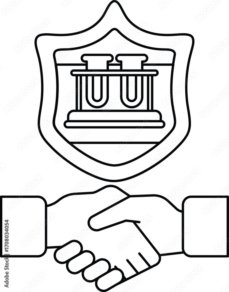 Poster a black and white image of two hands shaking with a shield behind them