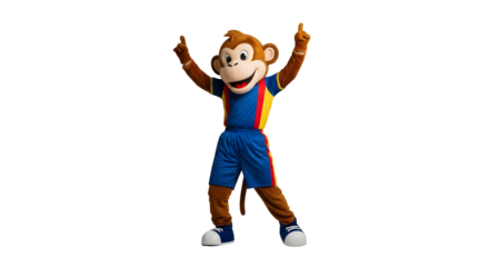 Cheerful Mascot Monkey in Colorful Sports Uniform Posing with Arms Raised, Isolated