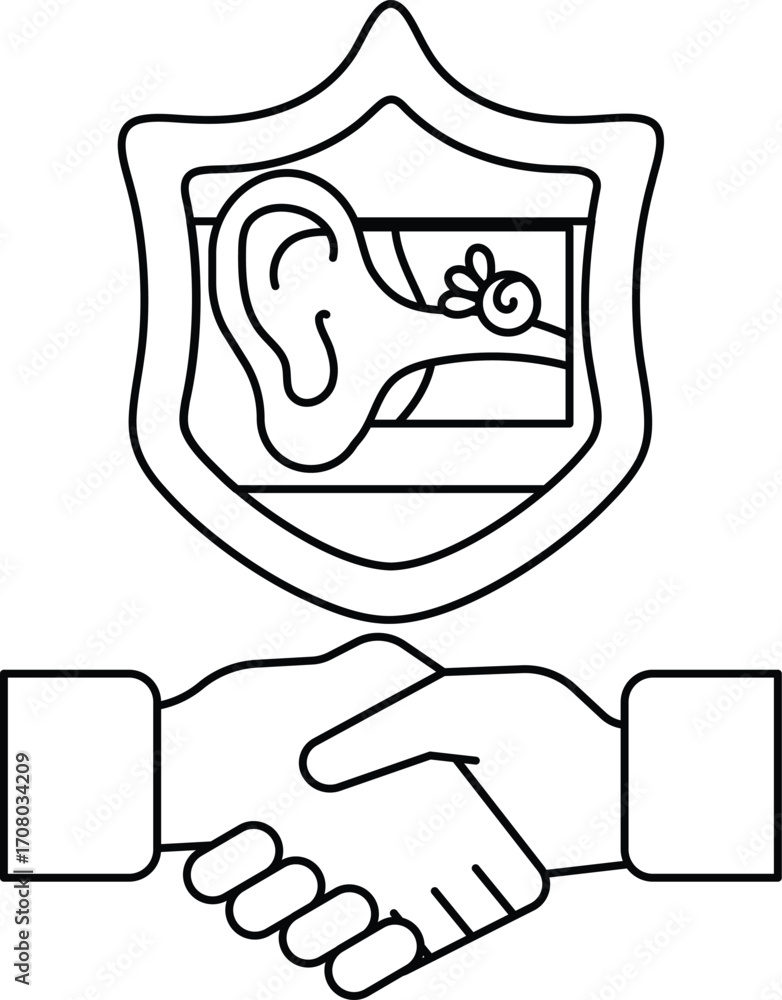 Poster a handshake between two people with a shield behind them