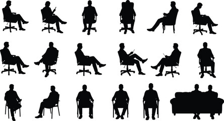 Businessman silhouette sitting in chair, office and casual poses, perfect for corporate design, business presentations, workplace scenes, and professional illustrations