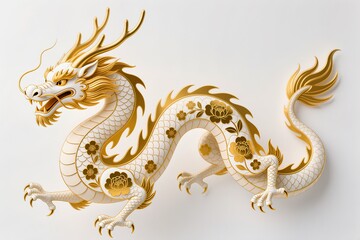 A surreal, simple 3d artwork of a Decorative Chinese Dragon illustration with golden outlines, luxury floral design, white base
