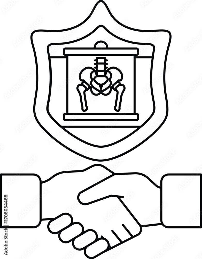 Poster a black and white image of two hands shaking with a shield behind them