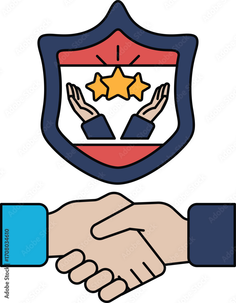 Poster a black and white image of two hands shaking with a shield behind them