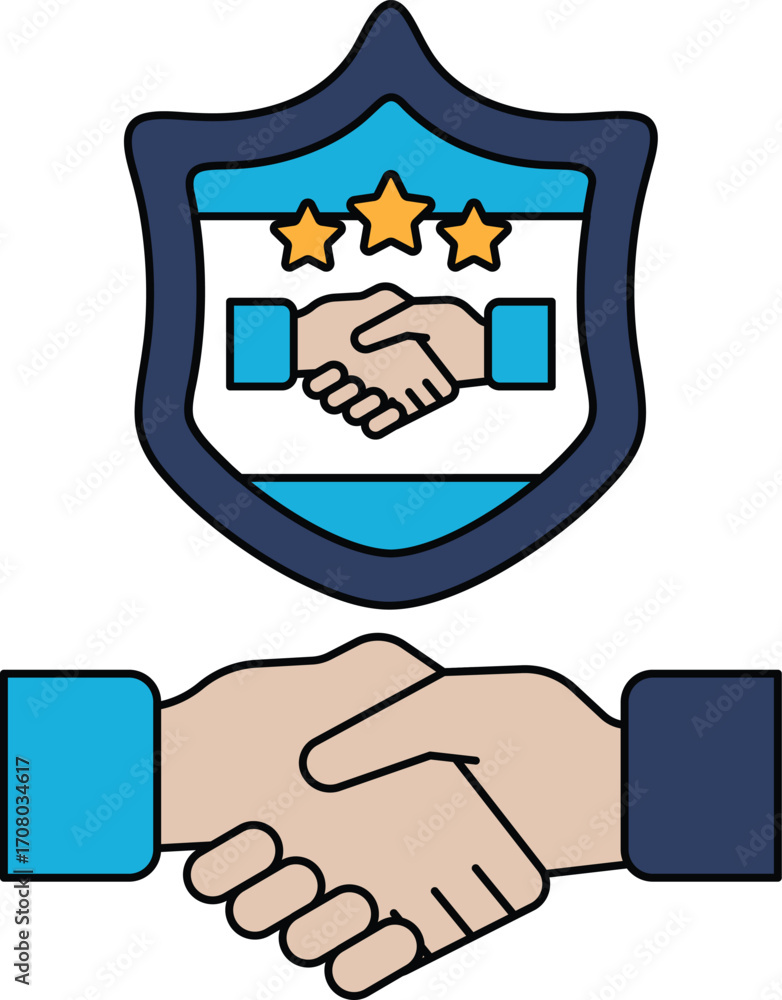 Poster a black and white image of two hands shaking with a shield behind them