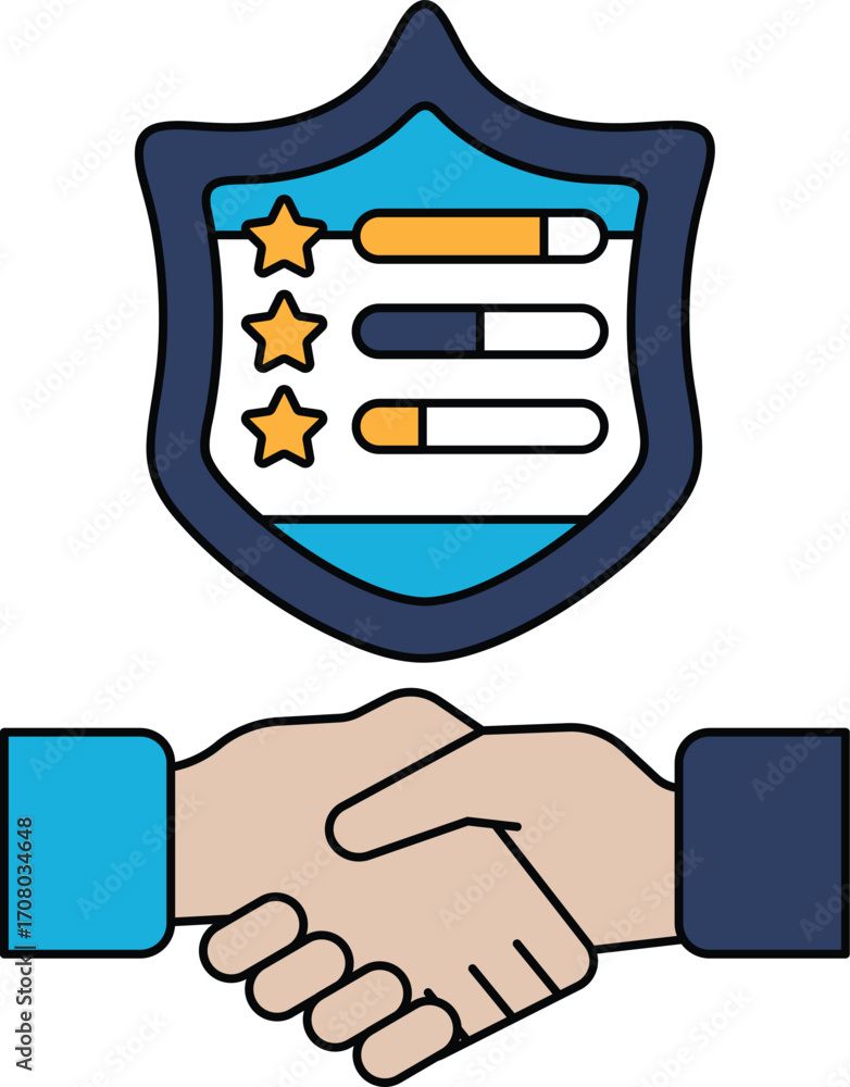 Poster a black and white image of two hands shaking with a shield behind them