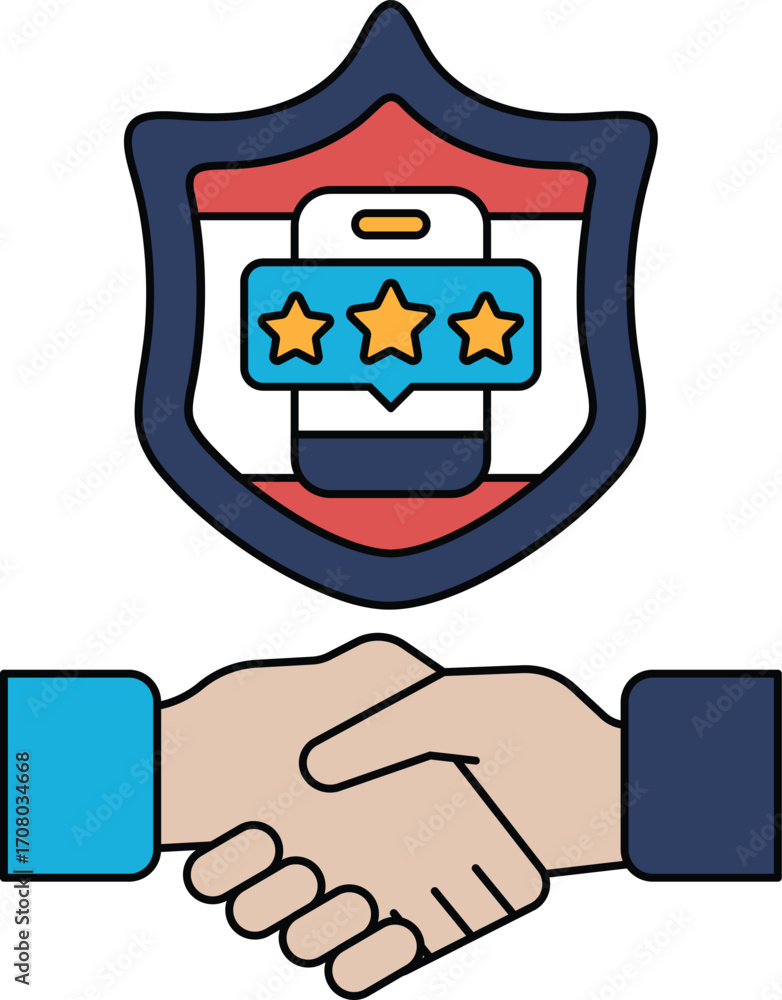 Poster a black and white image of two hands shaking with a shield behind them