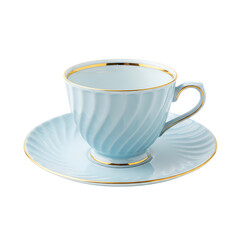 Elegant porcelain tea cup and saucer with swirl pattern and gold trim detail isolated on transparent background