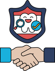 A smiling tooth is shown with a shield and a handshake