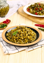 Pickled Green Beans Traditional Cuisine with Chili Peppers and Fresh Herbs