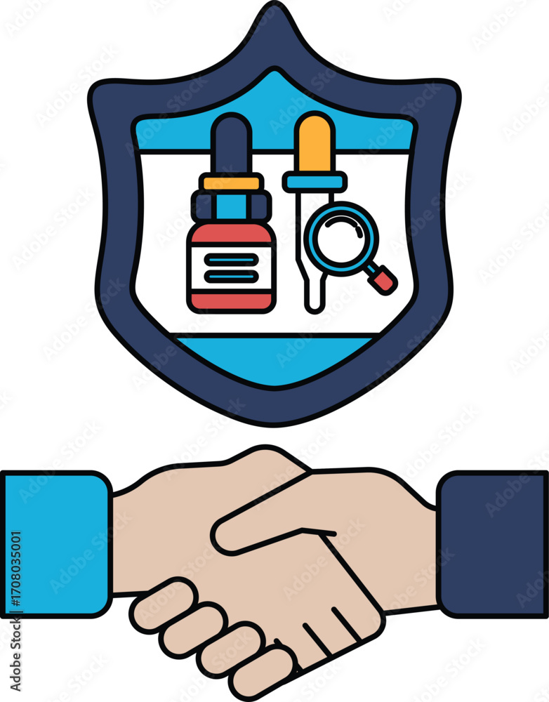 Poster a black and white image of two hands shaking with a shield behind them