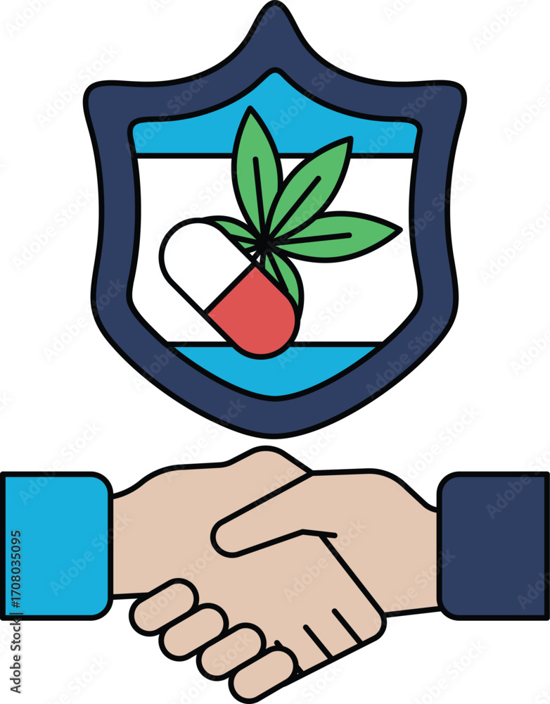 Poster a black and white image of two hands shaking with a shield behind them
