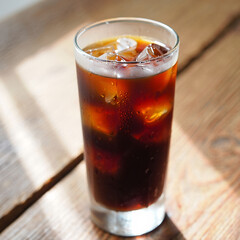 Refreshing Iced Coffee in a Glass on Rustic Wooden Table Surface