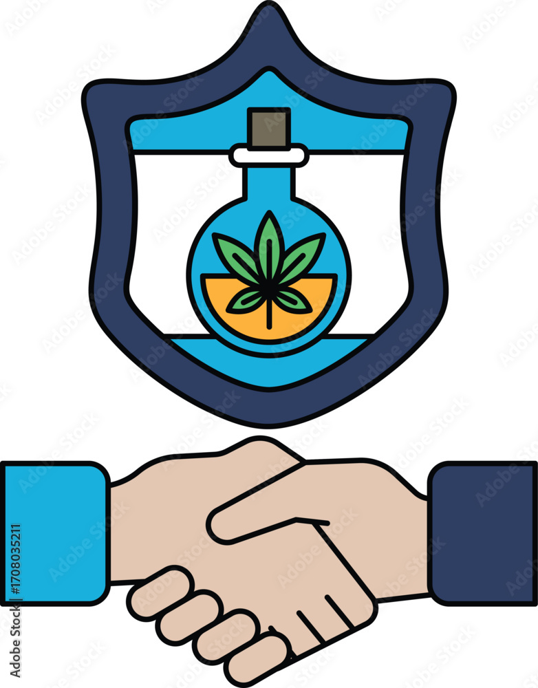 Poster a black and white image of two hands shaking with a shield behind them