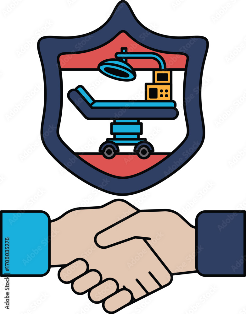 Poster a handshake between two people with a shield behind them