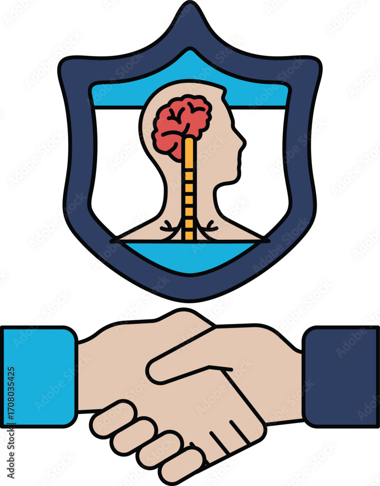 Poster a black and white image of two hands shaking with a shield behind them
