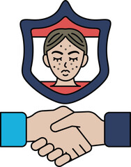 A woman is holding hands with another person and a shield is behind them