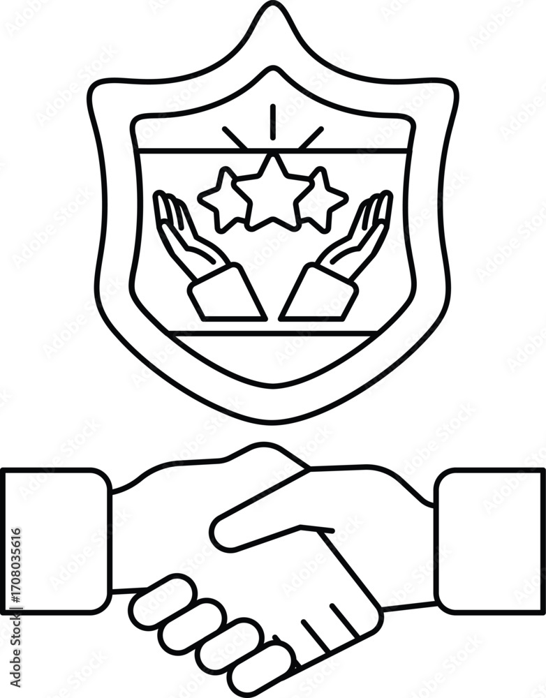 Poster a black and white image of two hands shaking with a shield behind them