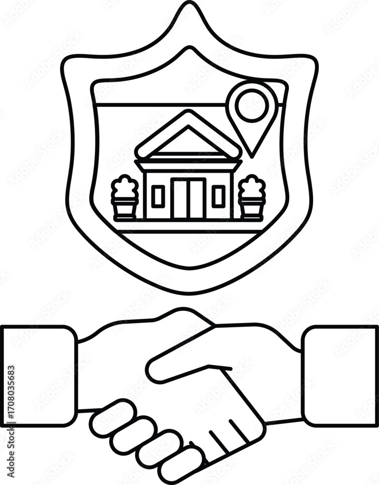 Poster a handshake between two people with a shield behind them
