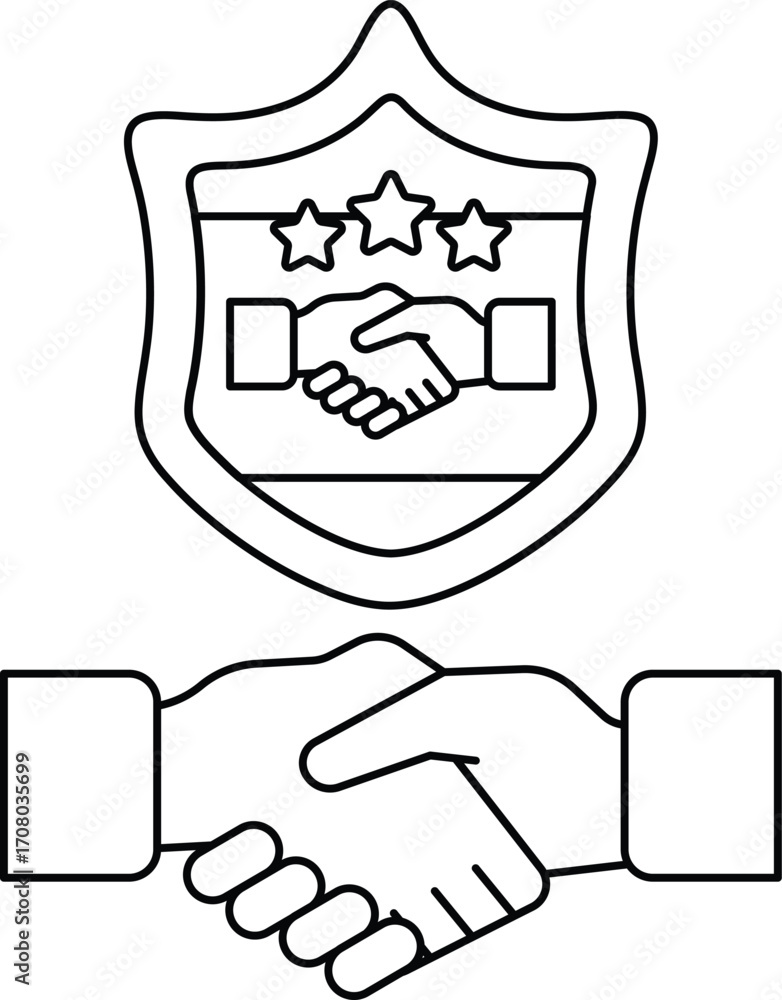 Poster a black and white image of two hands shaking with a shield behind them