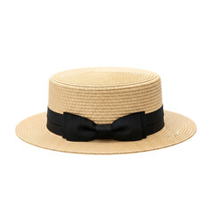 Classic straw boater hat with black ribbon accent front view isolated object isolated on...