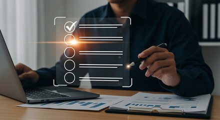Completing Tasks List Digitally Man Checking Off Digital Checklist On Laptop for Project Management and Workflow