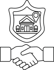 A handshake between two people with a shield behind them