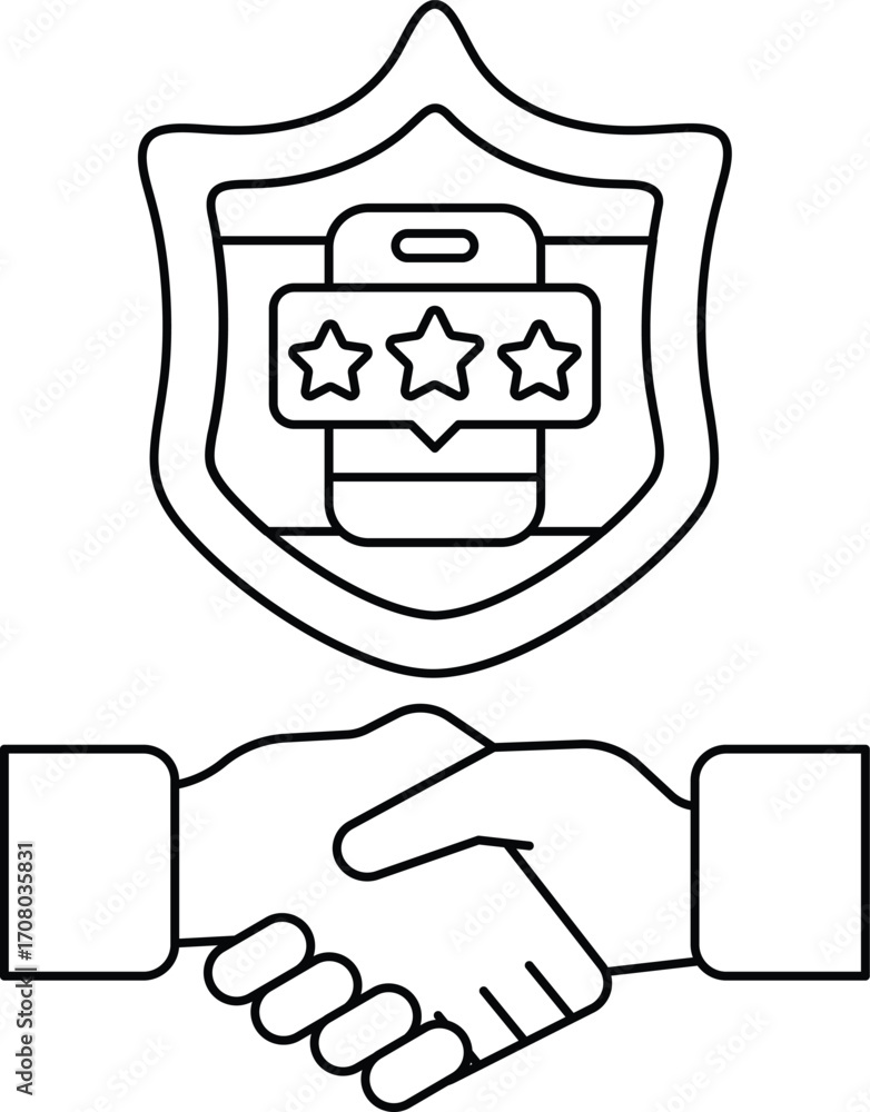 Poster a black and white image of two hands shaking with a shield behind them