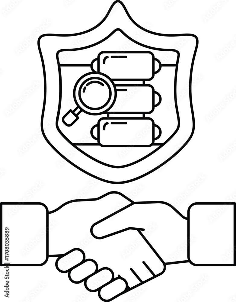Poster a black and white image of two hands shaking with a shield behind them